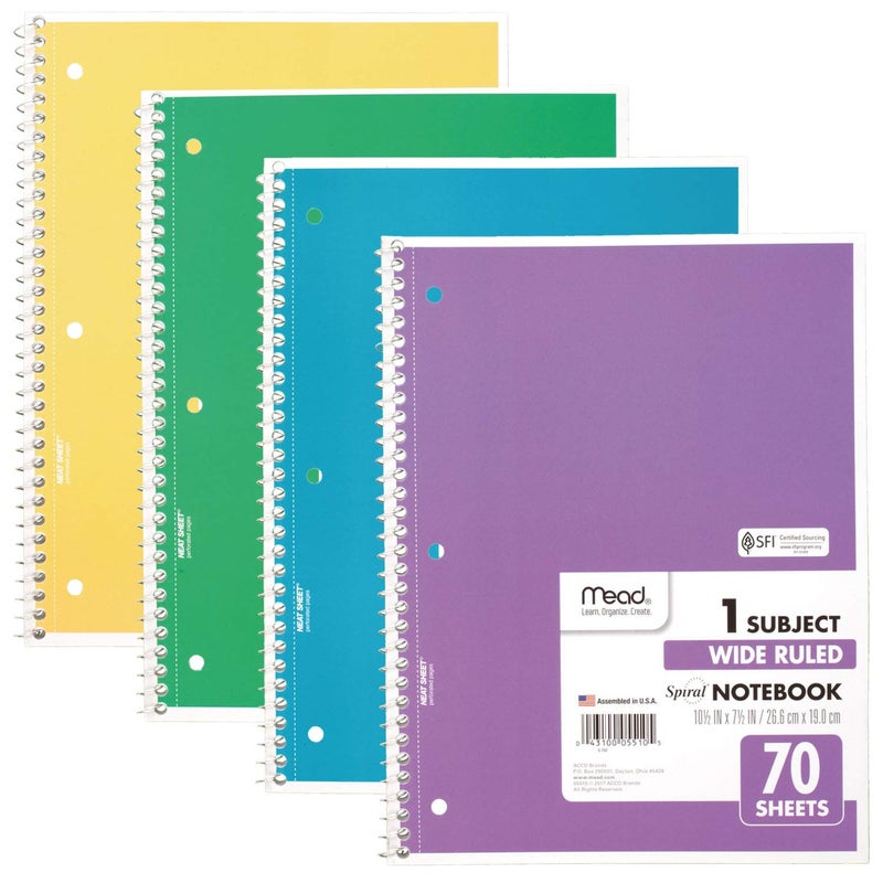 Mead Spiral Notebook, 4 Pack, 1 Subject, Wide Ruled Paper, 7-1/2" x 10-1/2", 70 Sheets per Notebook, Colors Will Vary (930200-ECM25) - Image 1